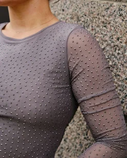 NEO NOIR Basira Stone Mesh Blouse Silver